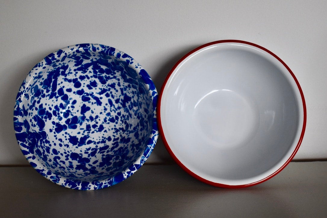 Crow Canyon enamelware cereal bowl splatter and traditional