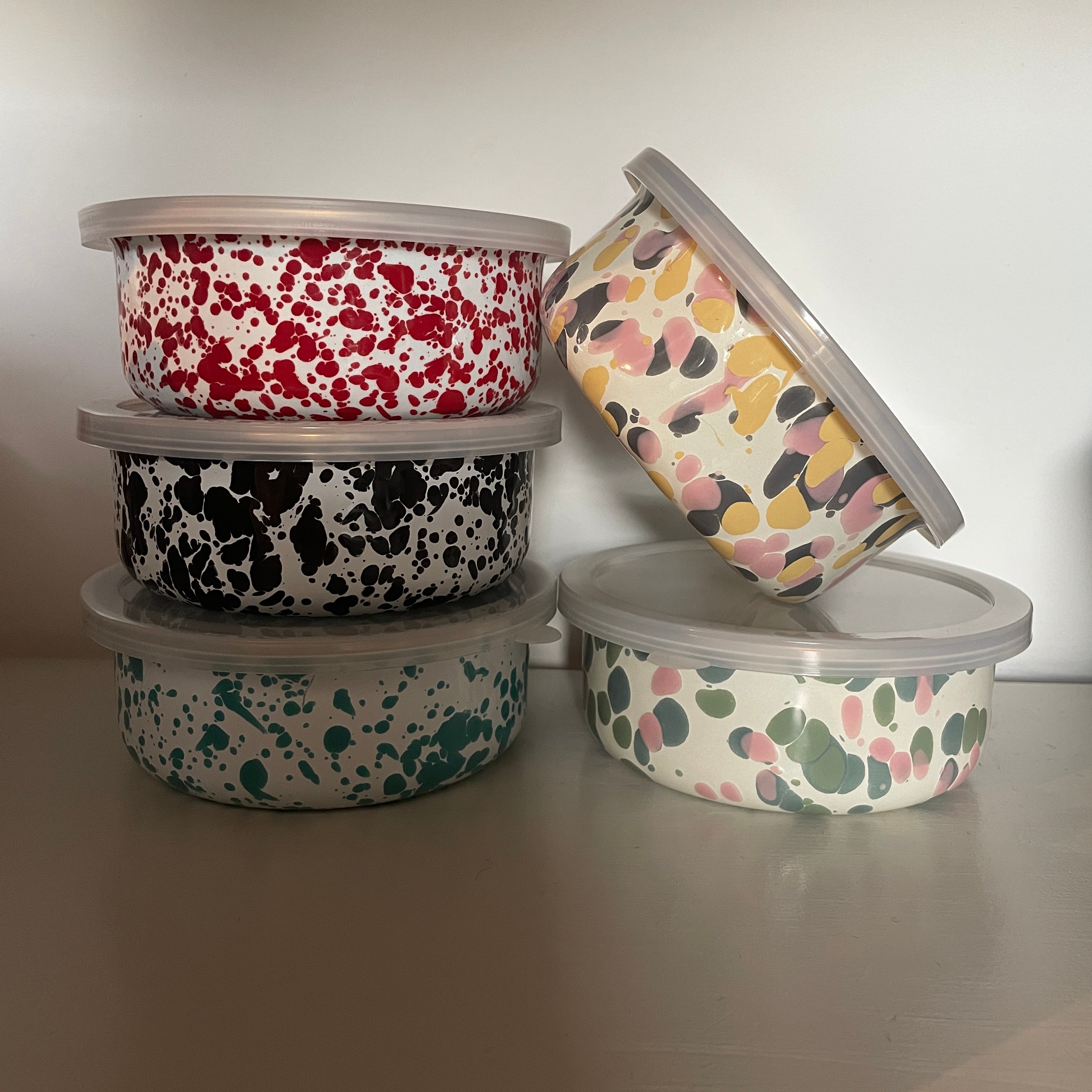 Crow Canyon enamelware food storage containers in red, grey and